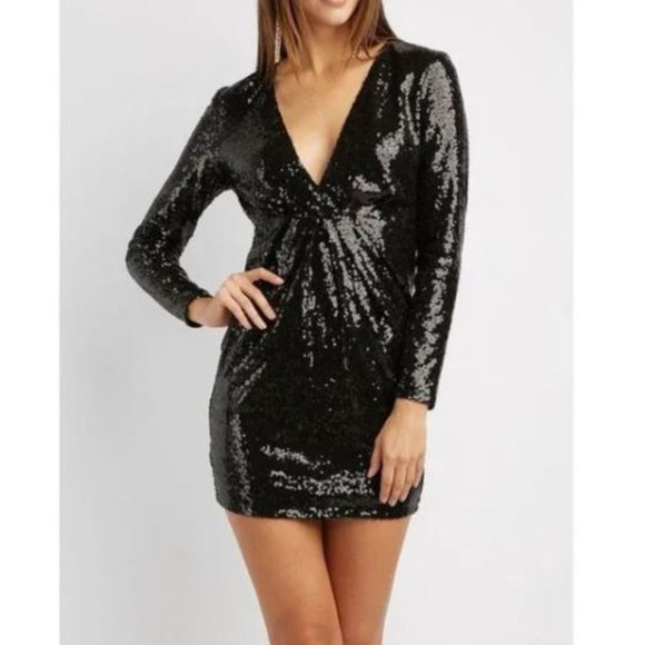 Charlotte Russe Dresses & Skirts - Charlotte Russe | Women's Black Long Sleeve Sequin V-Neck Mini Dress - Size S